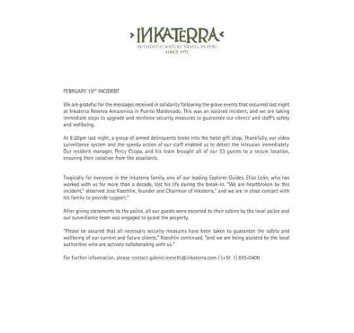 Inkaterra酒店发表官方声明截图。