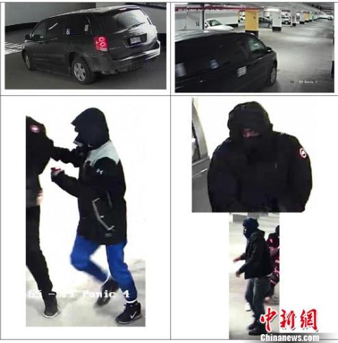 警方公布的现场监控视频显示的嫌犯及作案所用车辆画面。 警方公布的现场监控视频显示的嫌犯及作案所用车辆画面。
