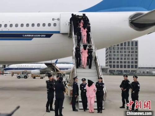 资料图:警察在押回“杀猪盘”诈骗人员。(图源:中国新闻网) 资料图:警察在押回“杀猪盘”诈骗人员。(图源:中国新闻网)