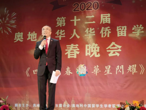 李晓驷大使致辞。(图片来源:中国驻奥地利大使馆微信公众号) 李晓驷大使致辞。(图片来源:中国驻奥地利大使馆微信公众号)