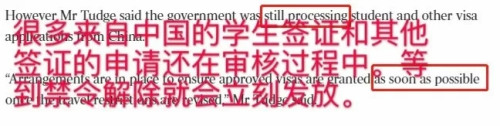 文中明确指出：政府依然在接受来自中国的签证申请，并且，一旦禁令解除就会将签证立马发放下去。(网页截图)