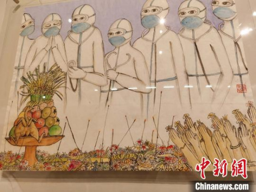 图为画家Tjandra的作品《普天之下皆兄弟》，展现了巴厘民众用丰盛供品和鲜花以独特巴厘印度教仪式为中国抗“疫”医疗人员祈福的画面。　中国驻登巴萨总领馆 供图 摄