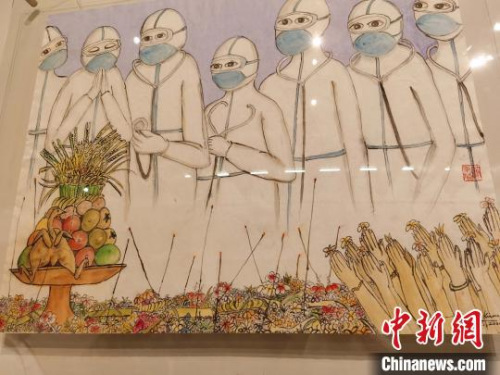 图为画家Tjandra的作品《普天之下皆兄弟》,展现了巴厘民众用丰盛供品和鲜花以独特巴厘印度教仪式为中国抗“疫”医疗人员祈福的画面。 中国驻登巴萨总领馆 供图 摄 图为画家Tjandra的作品《普天之下皆兄弟》,展现了巴厘民众用丰盛供品和鲜花以独特巴厘印度教仪式为中国抗“疫”医疗人员祈福的画面。 中国驻登巴萨总领馆 供图 摄