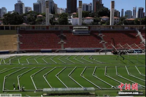 　当地时间3月23日，巴西圣保罗，工人们在Pacaembu体育场建造一家临时野战医院。