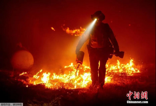 图为当地时间9月9日，美国加利福尼亚州布尤特县，火焰吞噬森林。