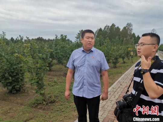 哈尔滨市通河县富林镇相关负责人介绍长生大果榛子精准扶贫基地情况。　姜辉 摄