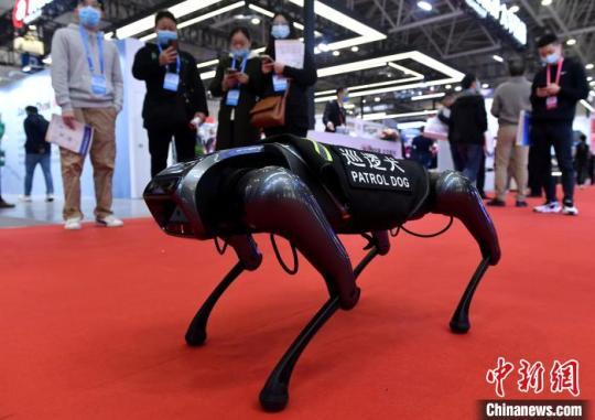 图为智能巡逻犬吸引参观者。　吕明 摄
