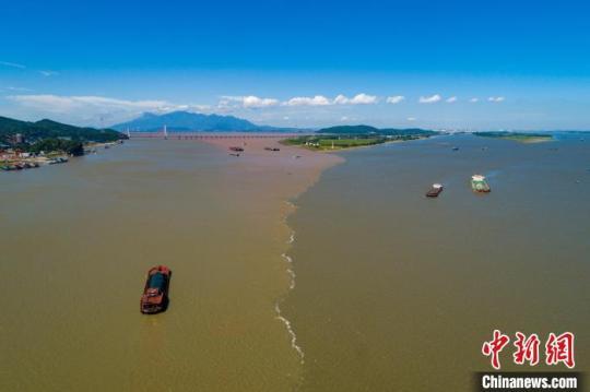 盛夏时节，航拍江西九江湖口县鄱阳湖与长江交汇处，水线清浊分明，呈现“江湖两色”的独特景致。　李学华 摄