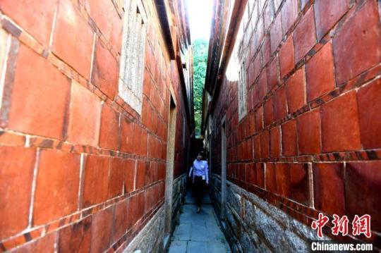 导游带游客穿梭于梧林古村落的小巷。　王东明 摄
