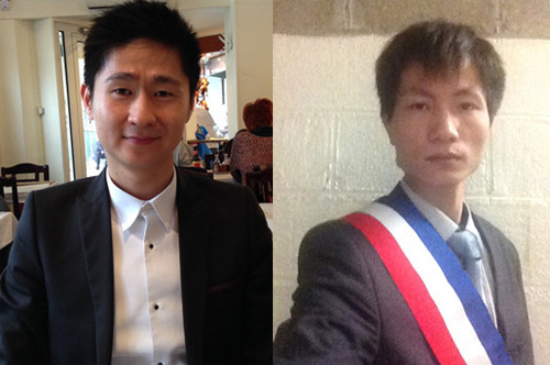 王立杰（左）当选巴黎19区副区长，施伟明（右）当选20区副区长。（法国《欧洲时报》/孔帆