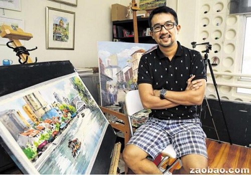为了最爱的绘画，周佑任毅然放弃收入固定的会计工作，用他的画笔记录新加坡平凡的生活方式。（新加坡《联合早报》/严宣融