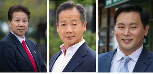 中国侨网华裔社区关注的三名候选人,从左到右,分别是任柏年、李万龙、金兑锡。(美国《侨报》/邹斌)