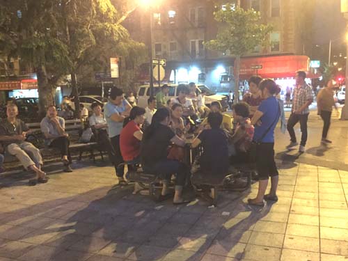 入夜后,纽约罗斯福公园变得热闹非凡,人气极高,聚会会友者有之,打牌消遣者有之,仿佛变成了“夜市”。(美国《侨报》/苏夏竹
