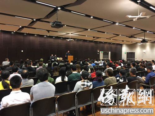 江玥案情说明会现场，能够容纳400人的大堂座无虚席。（图片由中国学生会提供）