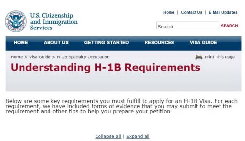 美国移民局申请H-1B的网页。（网页截图）