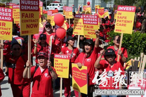凯撒洛杉矶医疗中心的护士15日宣布罢工一周。(美国《侨报》/邱晨
