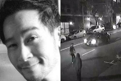 警方公布的被害人照片与现场监控所捕捉的画面。(美国《侨报》)