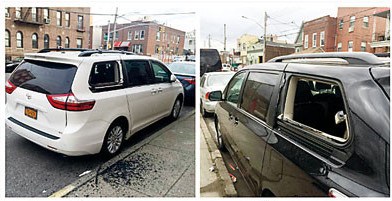 近期布鲁克林南区华社多辆七座车被砸后车窗。（美国《星岛日报》）