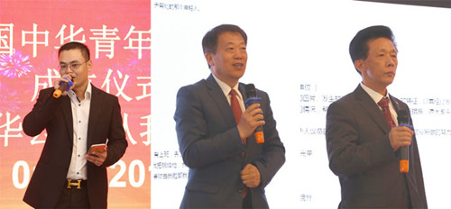 首届会长陈光荣致辞(左),丁殿国一秘代表中国驻法使馆领事部对协会成立表示祝贺(中),王加清代表侨界祝贺(右)。(《欧洲时报》/孔帆