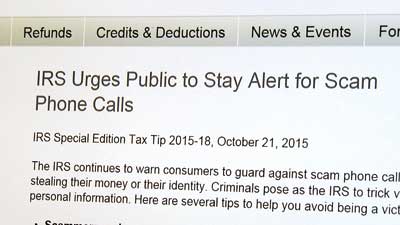 美国国税局提醒民众，警惕电话诈骗。（美国《星岛日报》）
