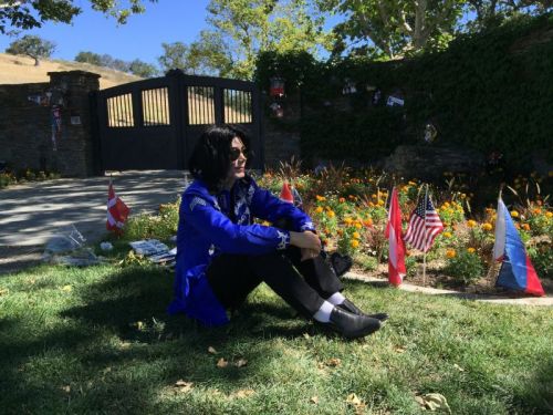 王杰坐在梦幻庄园门前的草坪上缅怀迈克杰克逊的辉煌人生，草坪上摆满了粉丝们献上的天王照片、光碟、鲜花和各国国旗。（王杰提供）