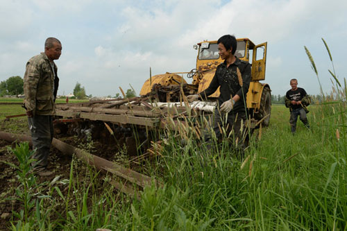 李成斌（音）和儿子李鑫（音）耕种着这片面积82英亩（约合495亩）的土地。这块地是他们租来的，位于跨过中国边境的俄罗斯远东地区的克拉斯诺亚尔斯克村。