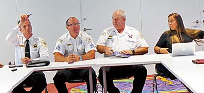 第九分局局长郭兆登（左一）主持八月份的警民例会。（美国《星岛日报》/梁敏育