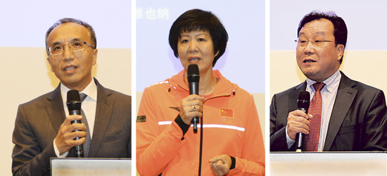 李晓驷大使致辞(左)。朗平主教练致辞(中)。陈安申会长致辞(右)。(法国《欧洲时报》/丁兆琨