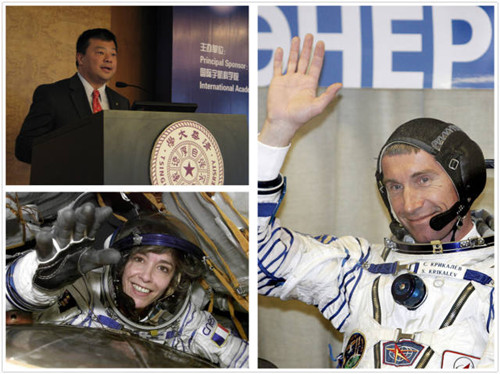 图为三位宇航员的拼版照片，左上是焦立中，左下是克洛迪·艾涅尔，右为谢尔盖·克里卡廖夫。（图片来源：新华社）