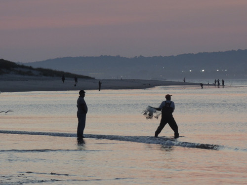 傍晚时分，许多钓友在康尼岛湾钓鱼、撒网捕鱼。(美国《世界日报》/王靖雯