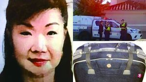 （左）被谋杀并塞入行李箱的珀斯华裔女艺术家陈佩雯。（右上）警察赴死者家调查。（右下）装尸体的蓝色行李箱。