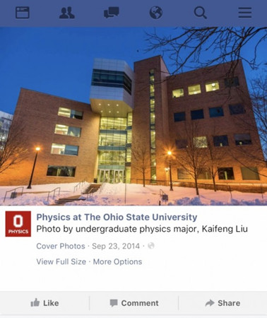 中国侨网就读俄州大物理系三年级的刘凯风，十分热爱摄影，图为他所拍摄的物理系馆大楼，被选为官方照片。(俄州大物理系官网截图)