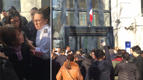 中国侨网左图为死者家属在19区警察局门口哭诉。右图为旅法华人自发到巴黎19区警察局门口抗议。（法国《欧洲时报》）