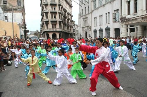 中国侨网资料图片：2007年5月30日，古巴武术学校学员在首都哈瓦那举行的纪念华人抵达古巴160周年活动上表演太极拳。 新华社记者殷永建摄
