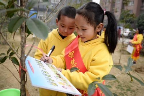 中国侨网 2017年3月10日，合肥市大兴镇新海家园小区，小朋友在树苗认养牌上写上了自己的名字。（新华社照片）