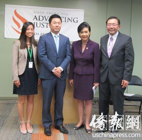 中国侨网赵美心(右2)和亚美公义促进中心执行长郭志明(右1)共同呼吁华人尽快入籍。(美国《侨报》/翁羽 摄)
