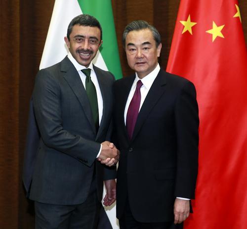 中国侨网王毅同阿联酋外交与国际合作部长阿卜杜拉共同主持中阿政府间合作委员会首次会议。图片来自:外交部网站