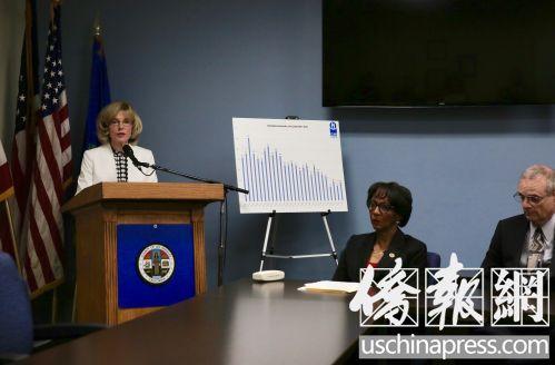 中国侨网洛杉矶县反虐待与忽略儿童跨机构委员会执行长得菲在宣读报告内容,讲台下坐者(中)为洛杉矶县地区检察长雷丝。(美国《侨报》/邱晨 摄)