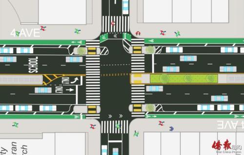 中国侨网交通局公布四大道改造计划图，设自行车道后十字路口4个行人岛将缩小。（美国《侨报》/交通局提供）