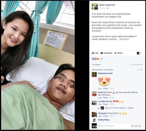 中国侨网高秀宁在脸书上载前往吉隆坡中央医院探访菲沙的照片及感言，获得网友按赞。（马来西亚《星洲日报》）