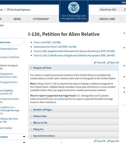 中国侨网美国移民局启用新版I-130表格截图。(美国《侨报》)