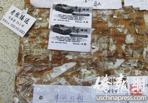 中国侨网在华人社区户外小广告栏上,除了传统的华人司机的广告,也有着中介机构招聘司机的广告。(美国《侨报》/翁羽 摄)