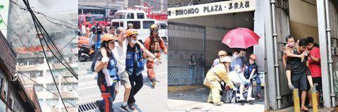 中国侨网图左为华人区美轮大厦发生火警时冒出浓烟，右边三图为消防员救出被困的居民。（《菲律宾商报》/记者Tony Ramos 摄)