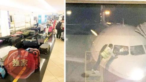 中国侨网（左）“祥鹏航空”乘客们的行李散乱地放置在地上。（右）飞机大镜遭鸟只撞破后碎裂，所幸飞机安全降落。（马来西亚《光华日报》）