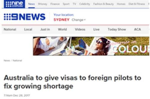 中国侨网资料图片：澳洲推2年工作签证，解决国内飞行员短缺问题(第九新闻网站截图)