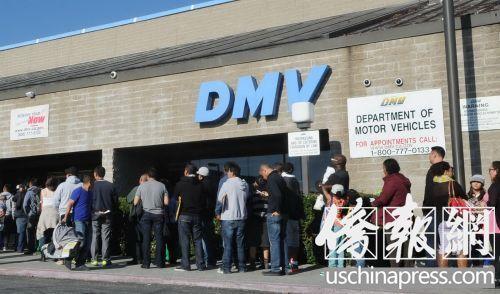 中国侨网申请或更新驾照的洛杉矶民众在DMV办公楼外排队。(美国《侨报》/高睿 摄)