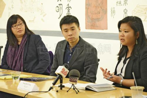 中国侨网民权界报告特朗普政府移民政策最新发展,包括民权律师陈艳芬(左起)及鲁镇海、华促会的冯弘美。(美国《世界日报》/李秀兰 摄)