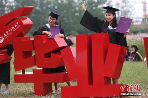 中国侨网资料图：毕业生们在校园内设置的“毕业”装置前拍摄合影。 中新社记者 泱波 摄