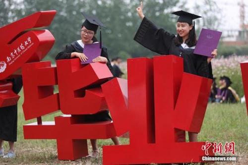 中国侨网资料图:毕业生们在校园内设置的“毕业”装置前拍摄合影。 中新社记者 泱波 摄