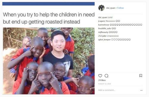 中国侨网费舍尔在Instagram上发布的涉嫌歧视亚裔的照片。(美国《世界日报》资料图：取自Instagram)